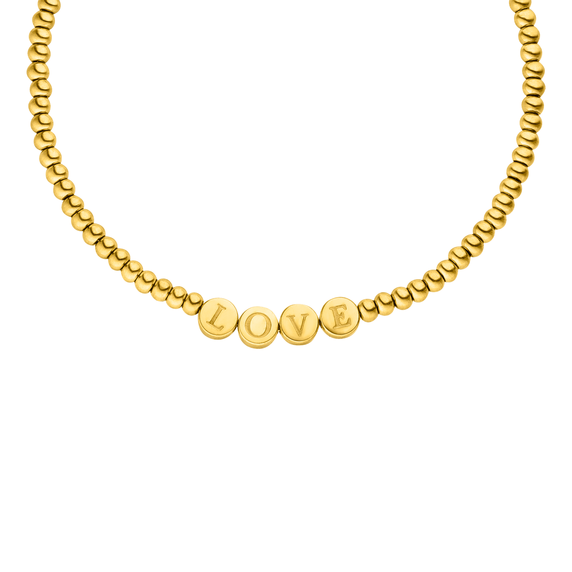 Goldene PURELEI Kette mit LOVE-Detail, glänzend und verspielt.