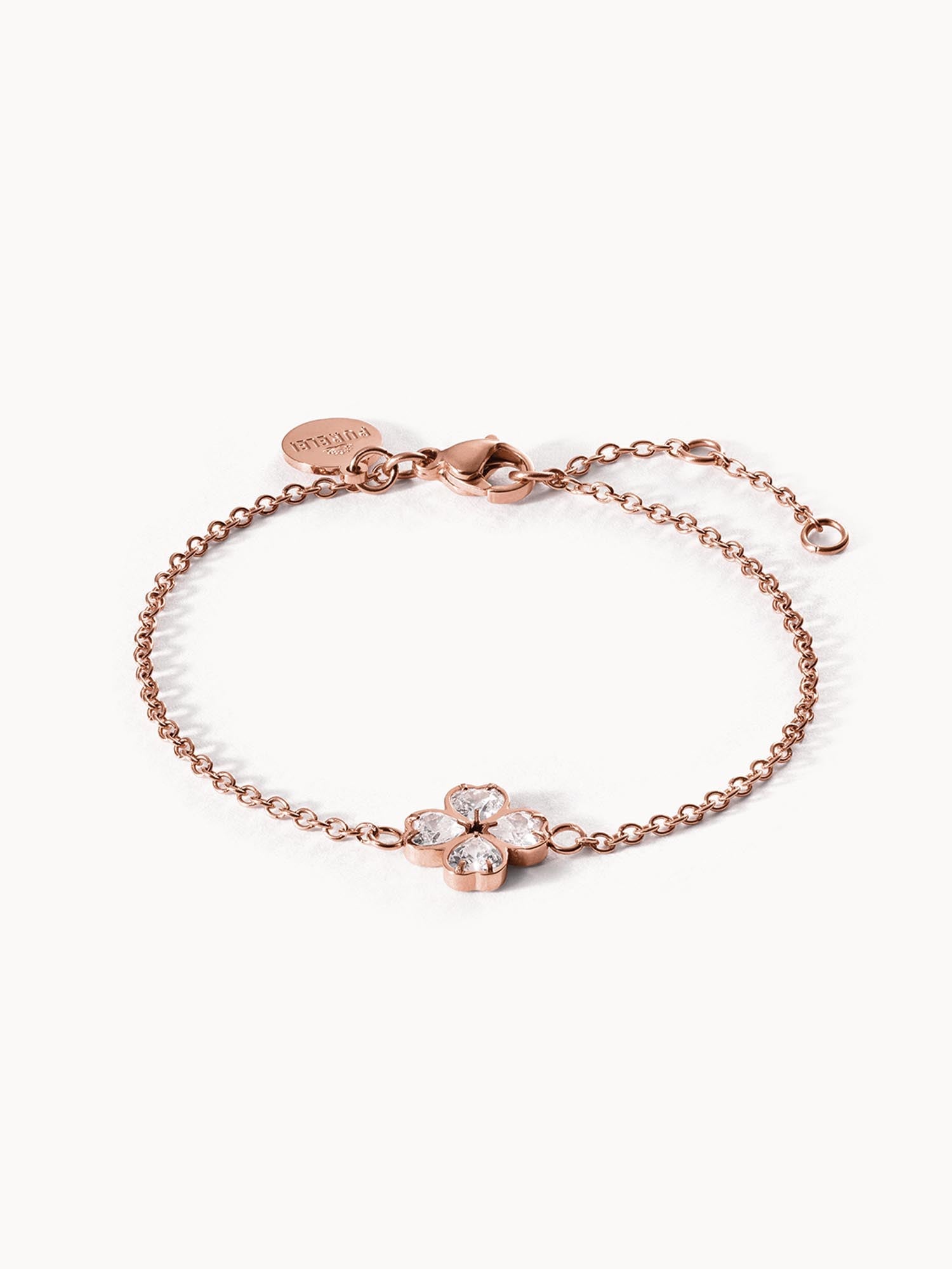 Roségoldenes Armband mit blütenförmigem Kristallanhänger von PURELEI, elegant und feminin.