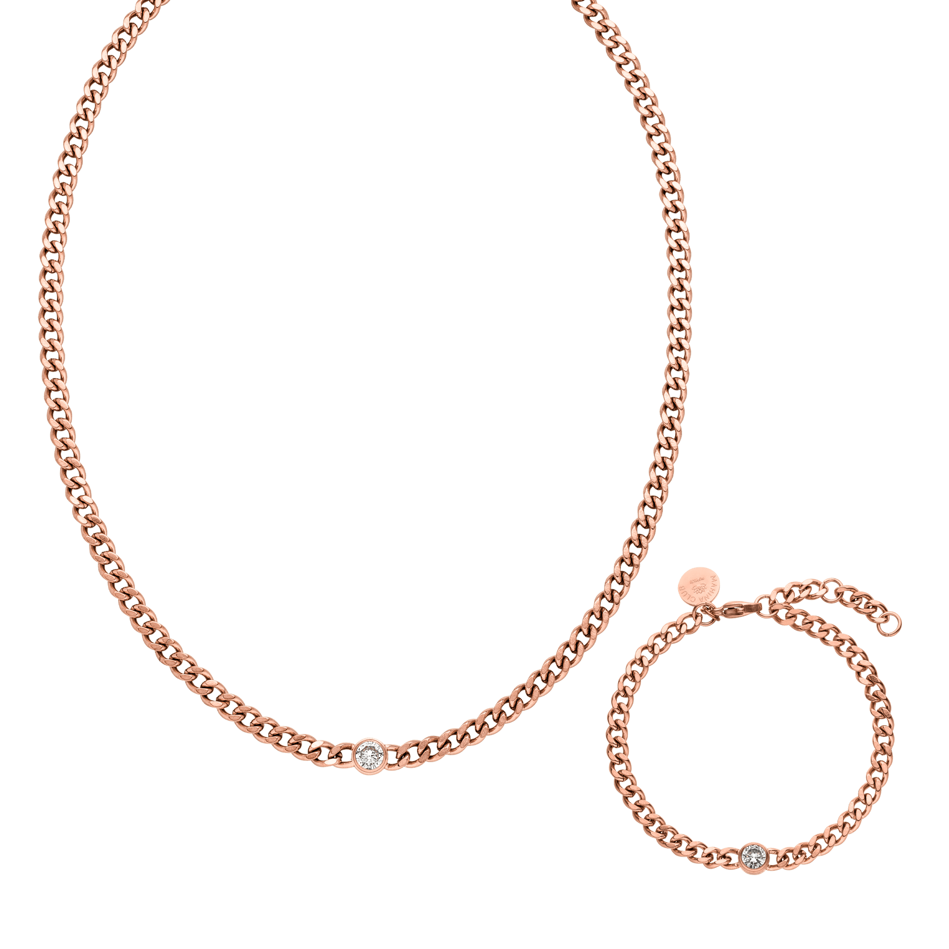 Roségoldene Kette und Armband mit funkelndem Detail von PURELEI, elegant und modern.