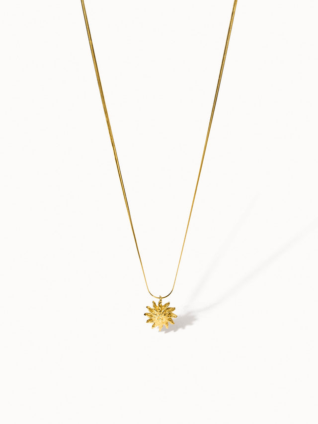PURELEI Iconic Sun Kette in Gold mit filigraner Snake-Chain und strukturiertem Sonnenanhänger, clean & elegant.