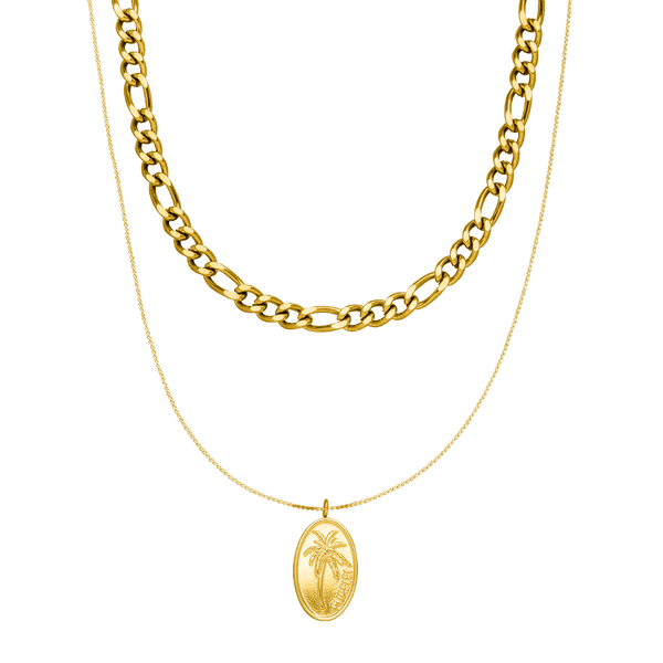 PURELEI Aiani Ketten-Set: 18K vergoldetes Layering mit Palmenanhänger, elegant und zeitlos, warmes Insel-Flair.