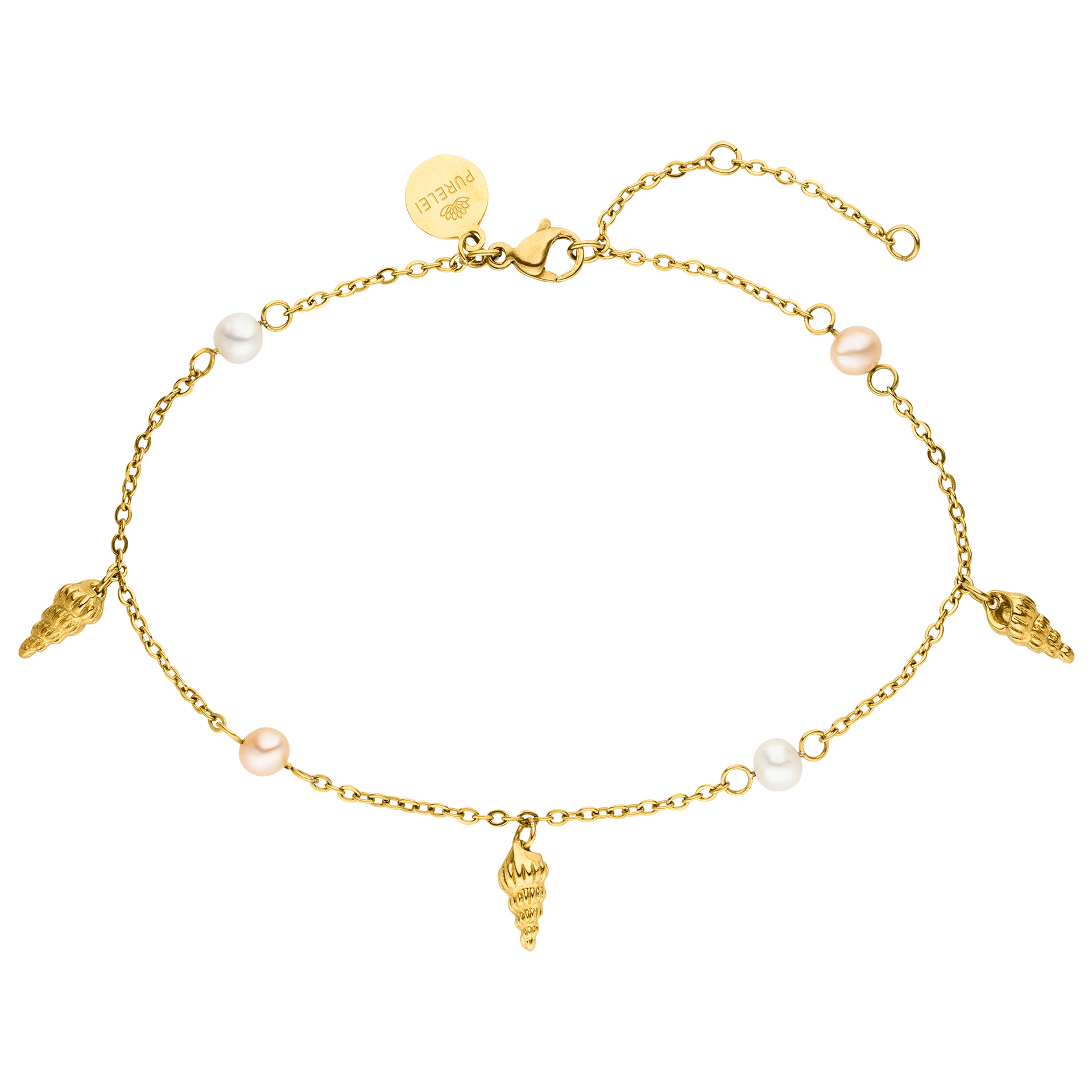 PURELEI Akala Fusskettchen aus vergoldetem Edelstahl mit Muschel-Anhängern und echten Perlen, feminin und elegant.