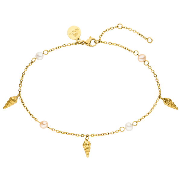 PURELEI Akala Fusskettchen aus vergoldetem Edelstahl mit Muschel-Anhängern und echten Perlen, feminin und elegant.