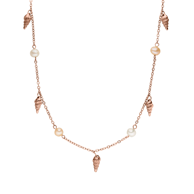 PURELEI Akala Kette Roségold mit Muschelanhängern und echten Perlen, feminine Insel-Ästhetik, elegant und zeitlos.