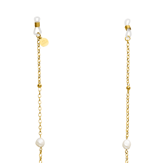 PURELEI Alima Brillenkette aus 18K vergoldetem Edelstahl mit schimmernden Keshi-Perlen, elegant und sommerlich.