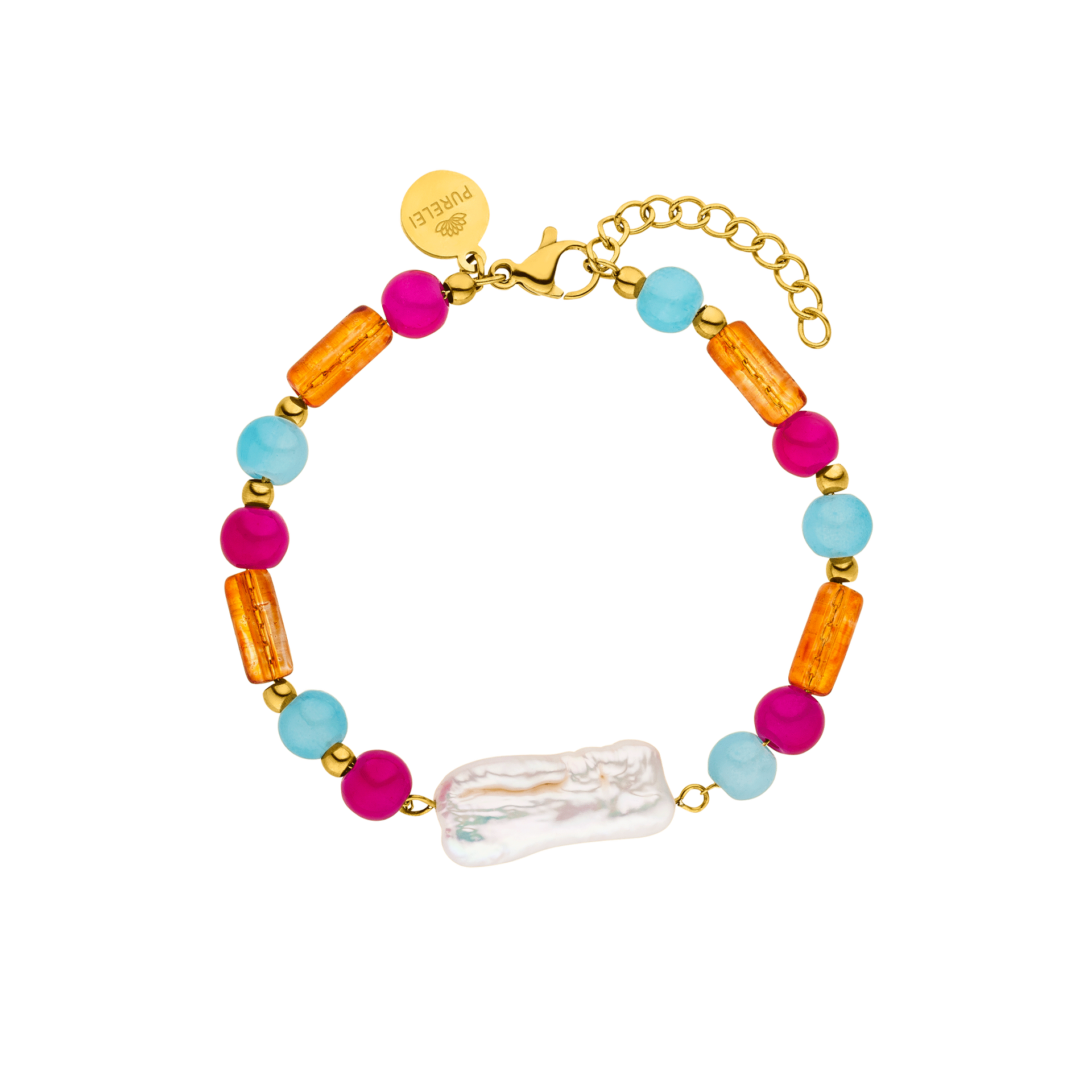 Buntes Armband aus goldfarbenen und bunten Perlen von PURELEI, inspiriert von tropischer Lebensfreude.