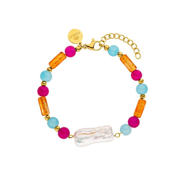 Buntes Armband aus goldfarbenen und bunten Perlen von PURELEI, inspiriert von tropischer Lebensfreude.