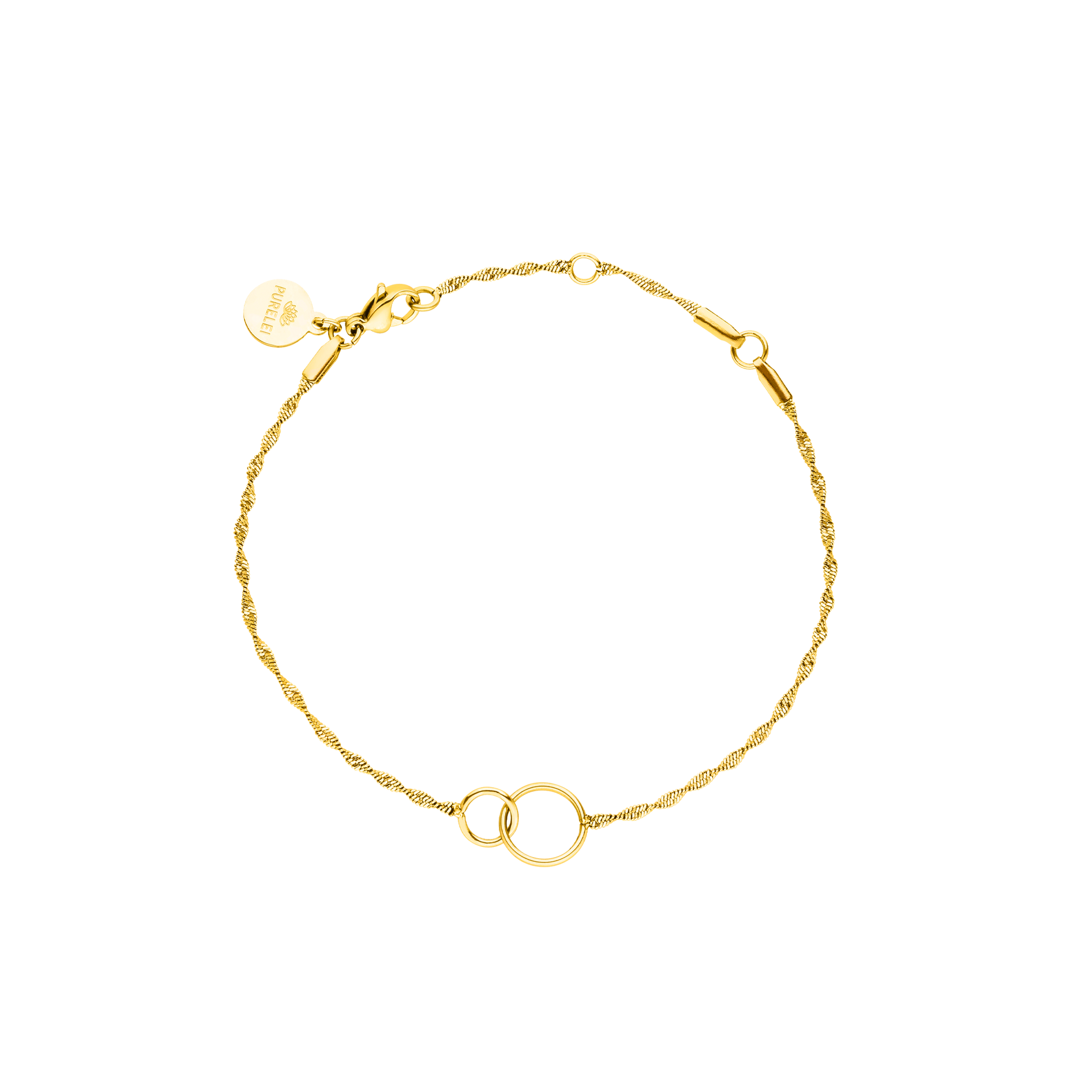 PURELEI Kekahi Armband aus 18K vergoldetem Edelstahl mit zwei ineinandergreifenden Ringen, elegant und zeitlos.