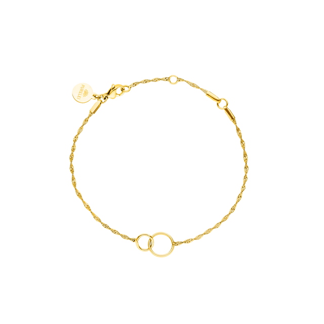 PURELEI Kekahi Armband aus 18K vergoldetem Edelstahl mit zwei ineinandergreifenden Ringen, elegant und zeitlos.