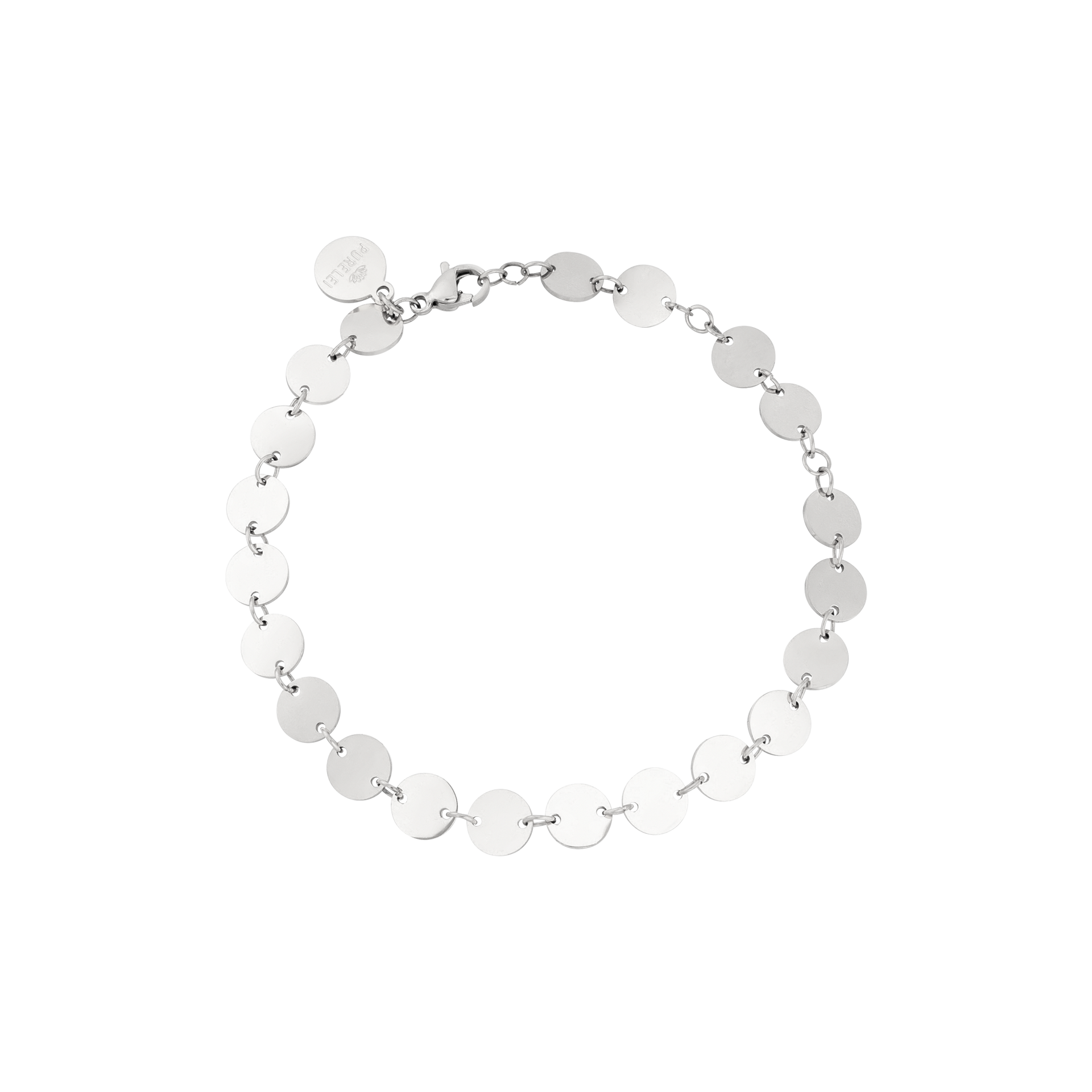 Kalani Armband aus nickelfreiem, silbernem Edelstahl mit zarten Plättchen, elegant und leicht am Handgelenk.