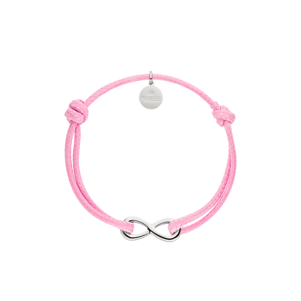 Pinkes Armband mit unendlichem Symbol und PURELEI-Anhänger, fröhlich und modern.