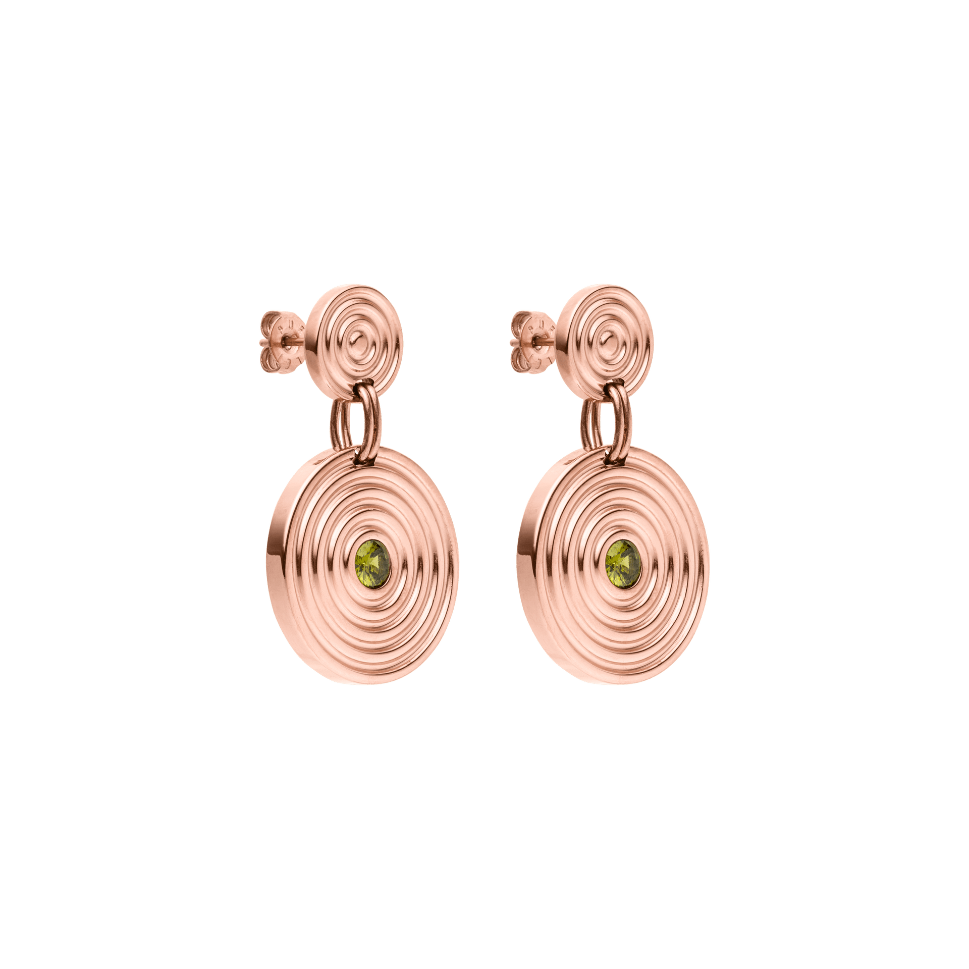 PURELEI Artistic Ohrringe aus 18K Roségold mit kreisförmigem Design und grünem Zirkonia, elegant und feminin.