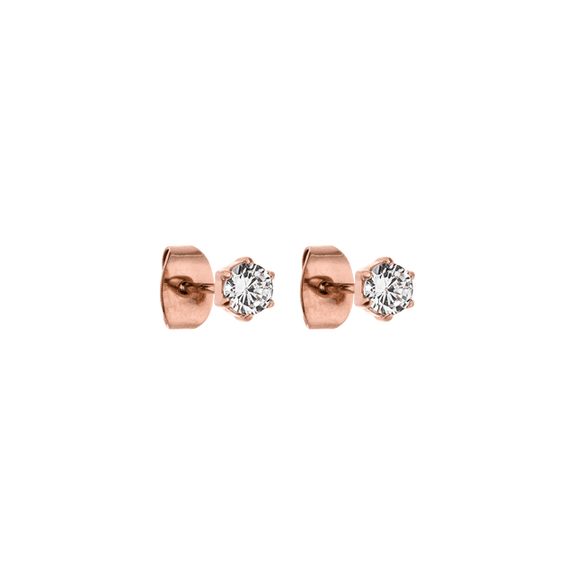 Roségoldene Ohrringe mit funkelnden Zirkonia von PURELEI, elegant und feminin.