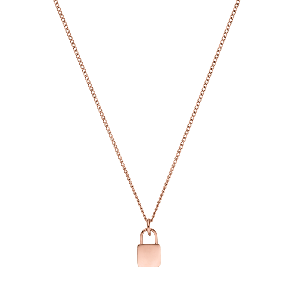 Padlock Charm Kette von PURELEI, roségoldene Edelstahlkette mit kleinem Vorhängeschloss, elegant und feminin.