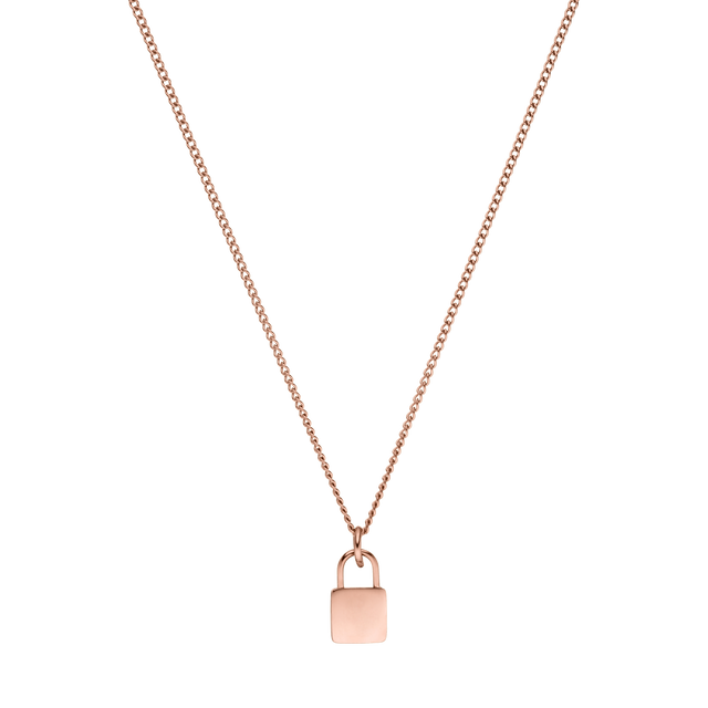 Padlock Charm Kette von PURELEI, roségoldene Edelstahlkette mit kleinem Vorhängeschloss, elegant und feminin.