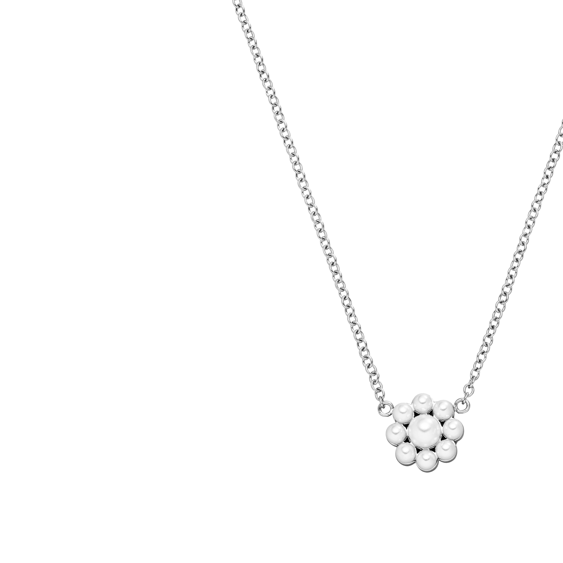 Silberne Kette mit blütenförmigem, weißen Anhänger von PURELEI, elegant und feminin.