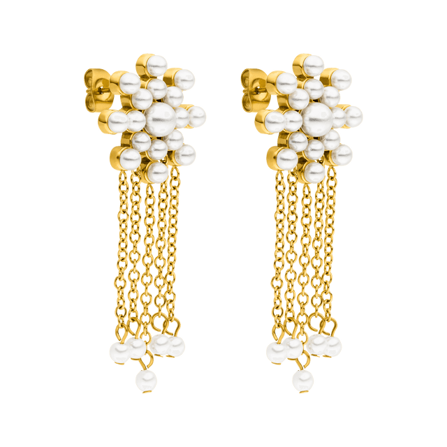 Goldene Ohrringe mit weißen Perlen und Ketten, elegant und feminin – PURELEI.