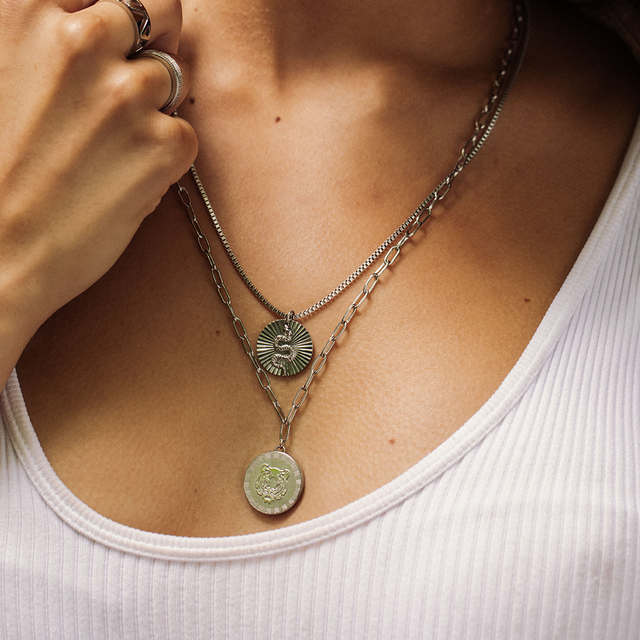 PURELEI Snake Coin Kette aus nickelfreiem Silber mit geprägtem Schlangensymbol, minimalistisch und elegant getragen.