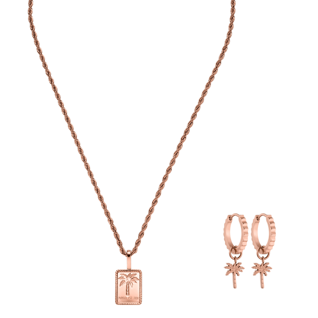 Roségoldene Kette mit Palmenanhänger und passenden Ohrringen von PURELEI.