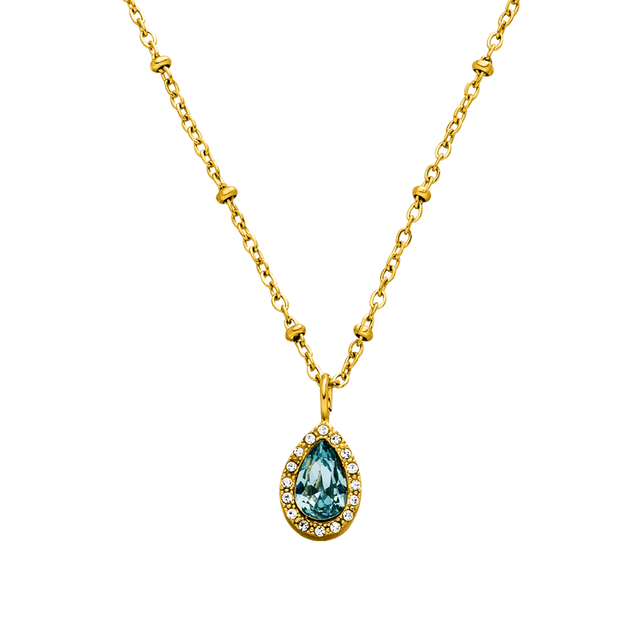 PURELEI Bellezza Kette mit aquamarinblauem Tropfenstein und 18K Goldlegierung, elegant und feminin.