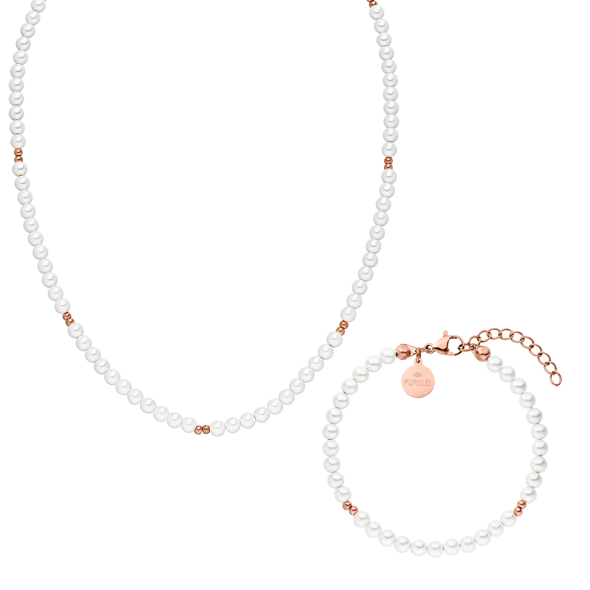 Weiße Perlenkette und Armband mit roségoldenen Akzenten von PURELEI, elegant und feminin.