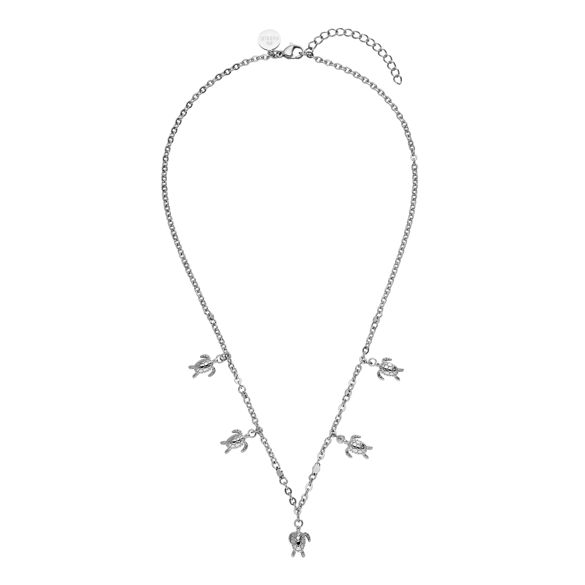 Silberne Kette mit Schildkröten-Anhängern, elegant und verspielt, von PURELEI.