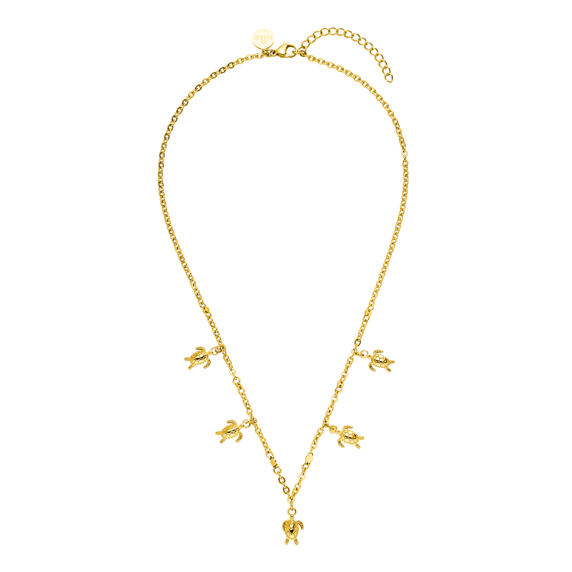 Goldene Kette mit Schildkröten-Anhängern, inspiriert von PURELEI, elegant und verspielt.