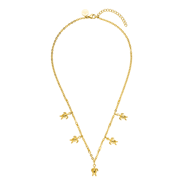Goldene Kette mit Schildkröten-Anhängern, inspiriert von PURELEI, elegant und verspielt.