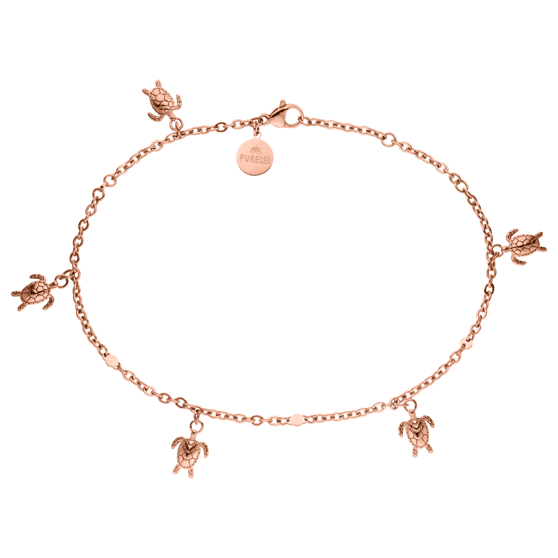 Roségoldenes Armband mit Schildkröten-Anhängern von PURELEI, elegant und verspielt.