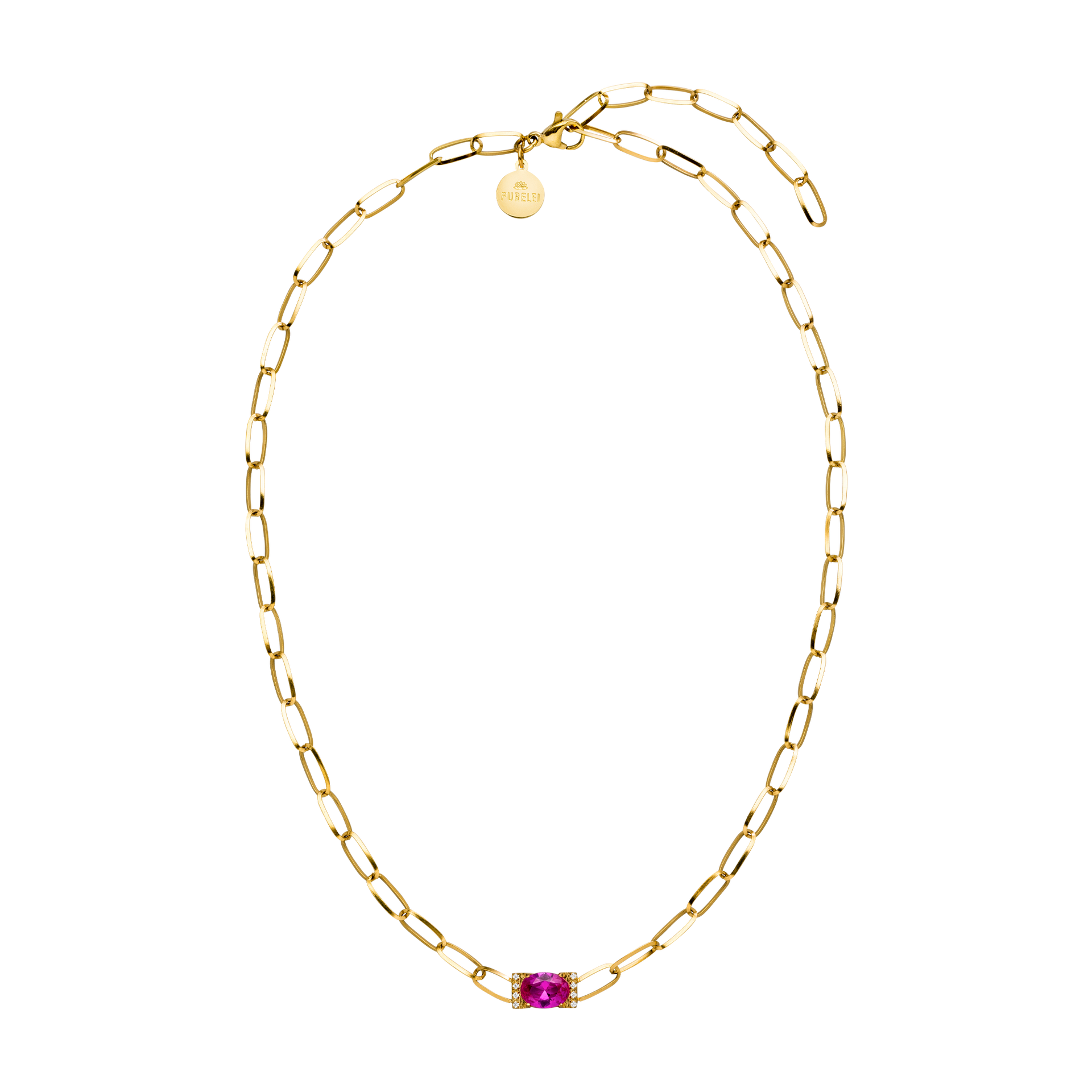 Goldene Kette mit pinkem Stein, elegant und feminin, von PURELEI.
