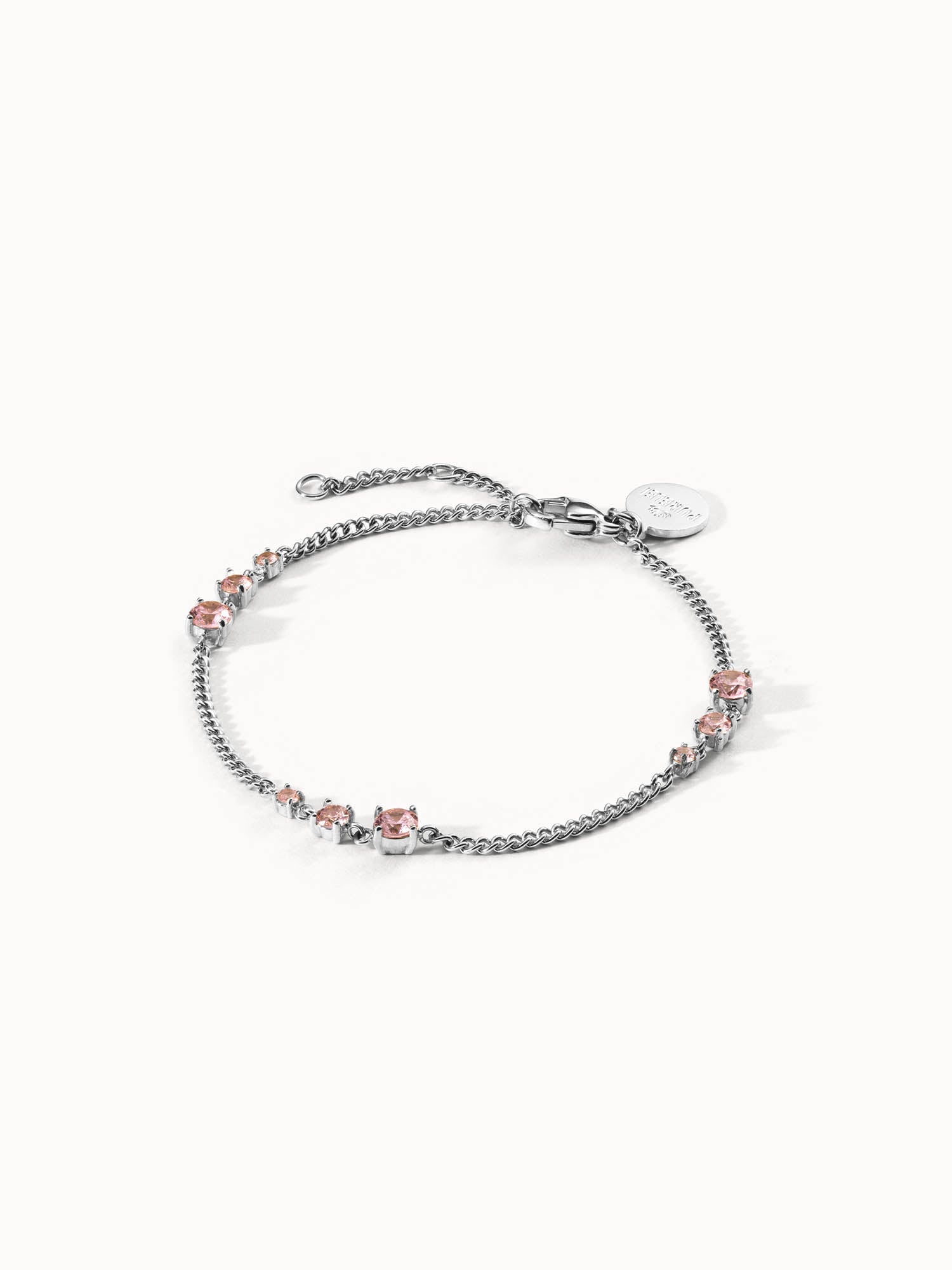 Silbernes Armband mit rosa Steinen, elegant und feminin, von PURELEI.