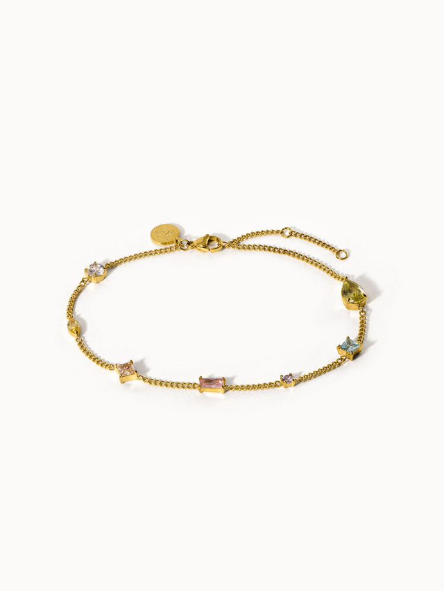 Goldenes Armband mit bunten Steinen, elegant und feminin, von PURELEI.