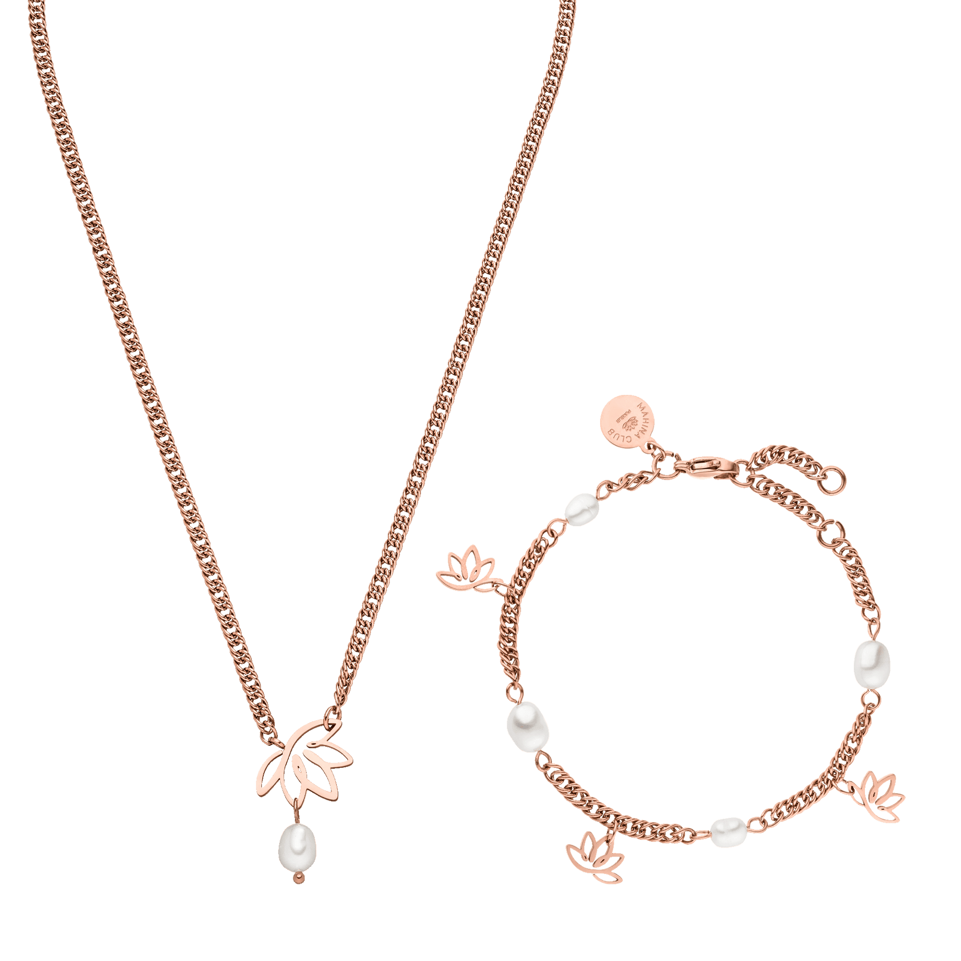Roségoldene Kette und Armband mit Lotus-Design und Perlen von PURELEI.
