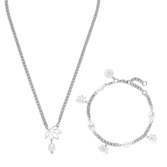 Silberne Kette und Armband mit Lotus-Design und Perlen von PURELEI.