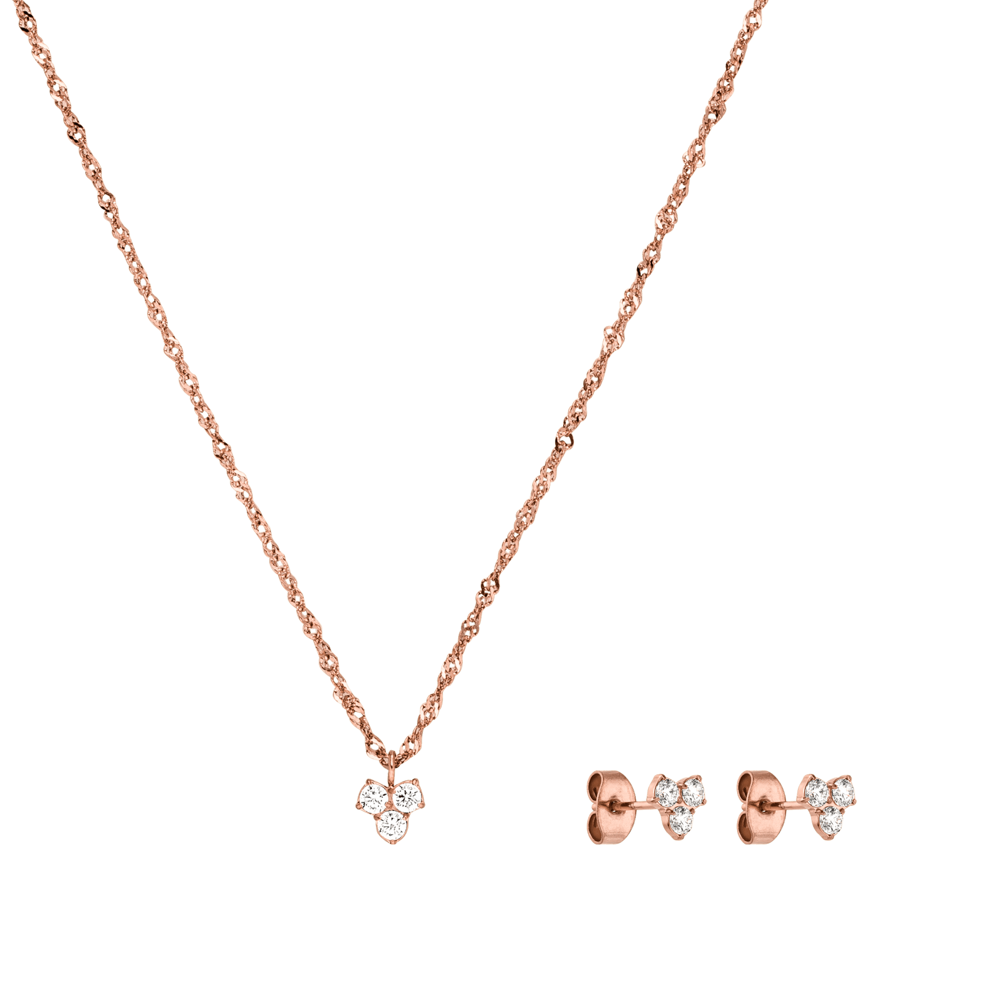 Roségoldene Kette mit funkelndem Anhänger und passende Ohrringe von PURELEI.