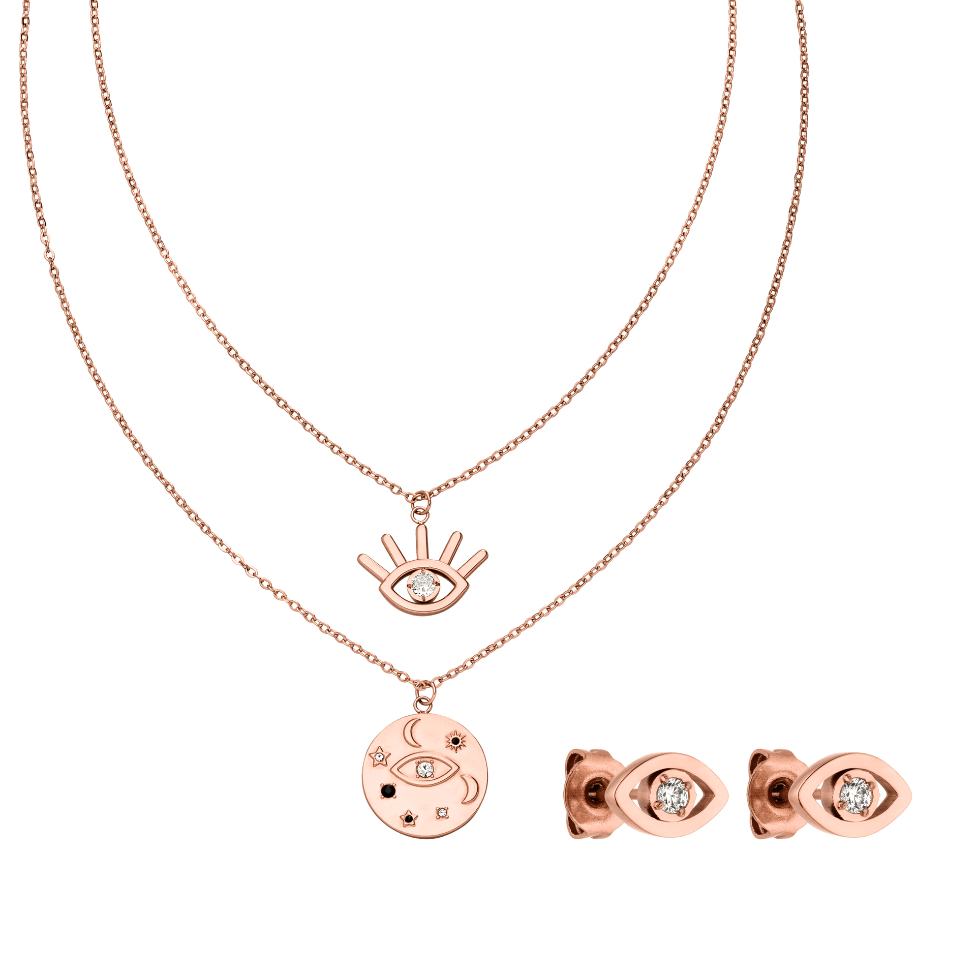 Roségoldenes Schmuckset mit Augenmotiv und funkelnden Details von PURELEI.