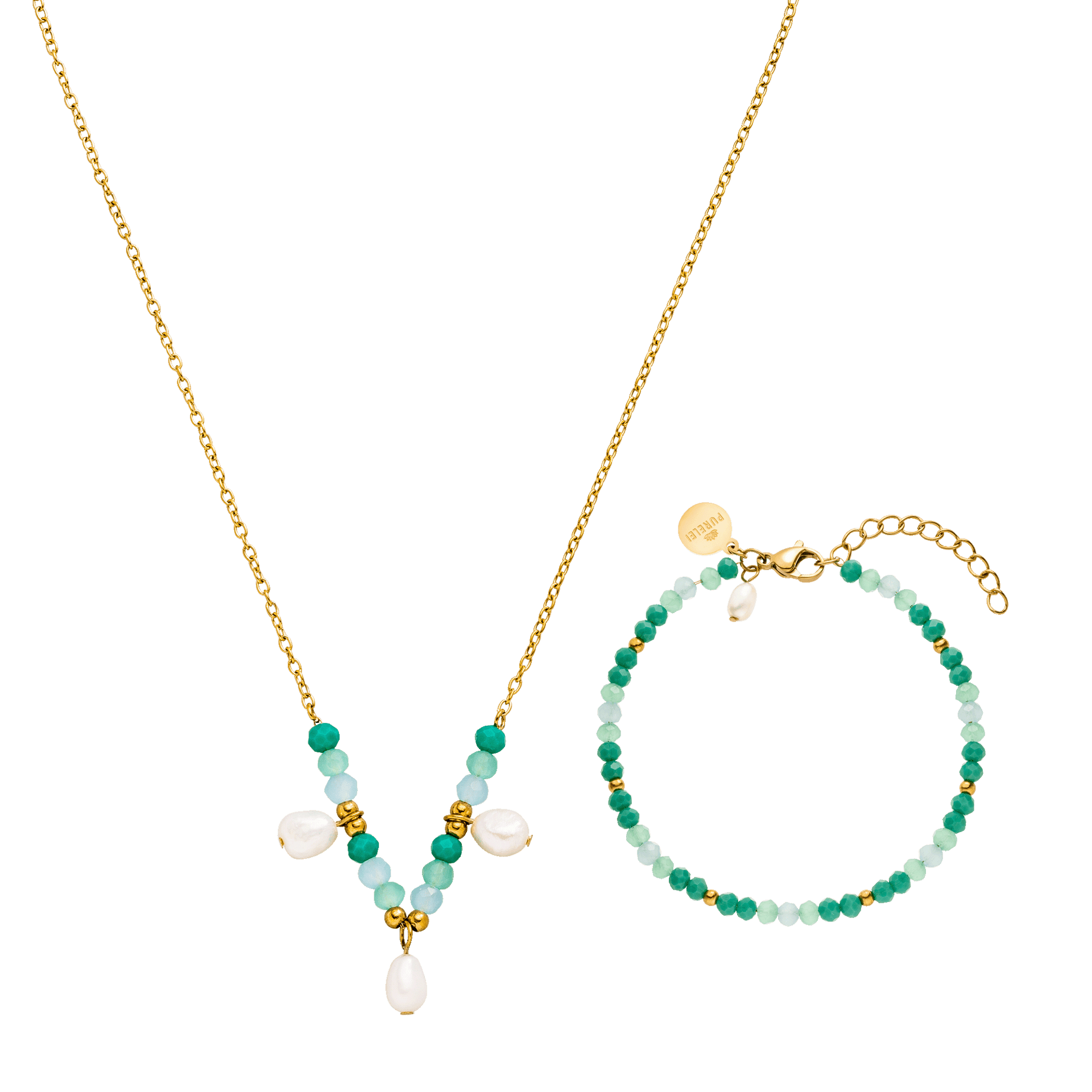 Goldene Kette und Armband mit grünen Perlen und Muschelanhängern von PURELEI.