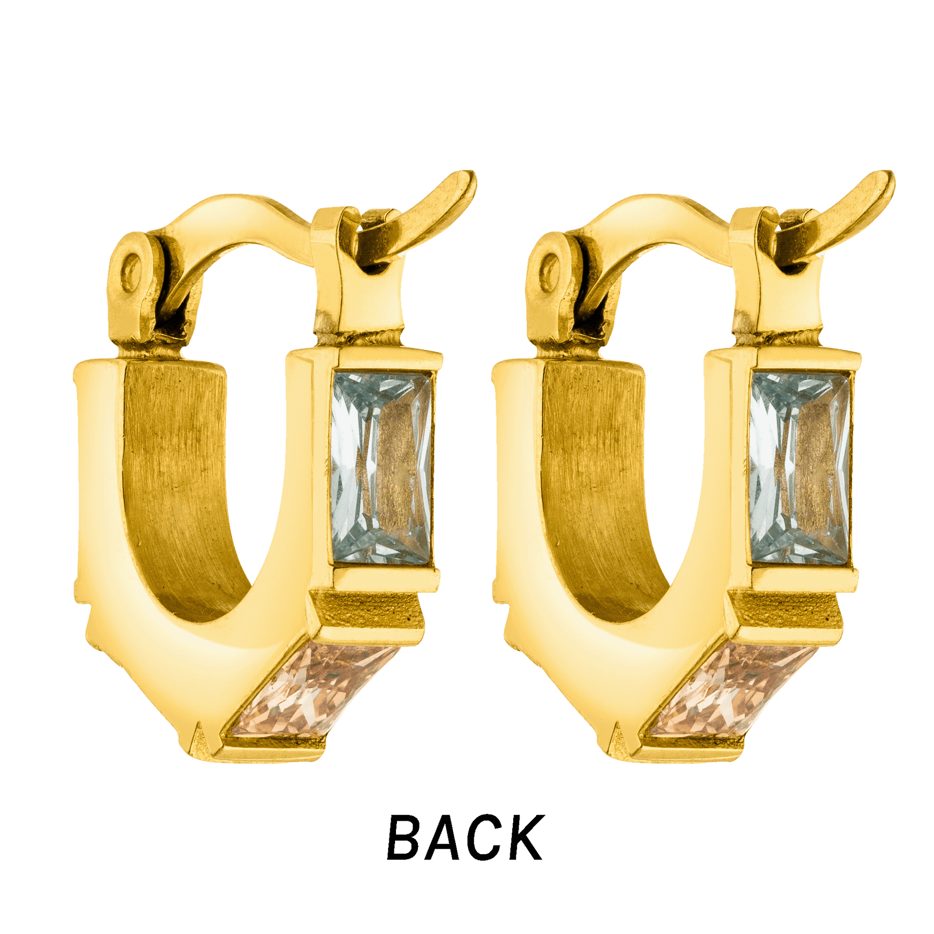 Goldene Creolen mit blauen und roséfarbigen Steinen, PURELEI, elegant und modern.