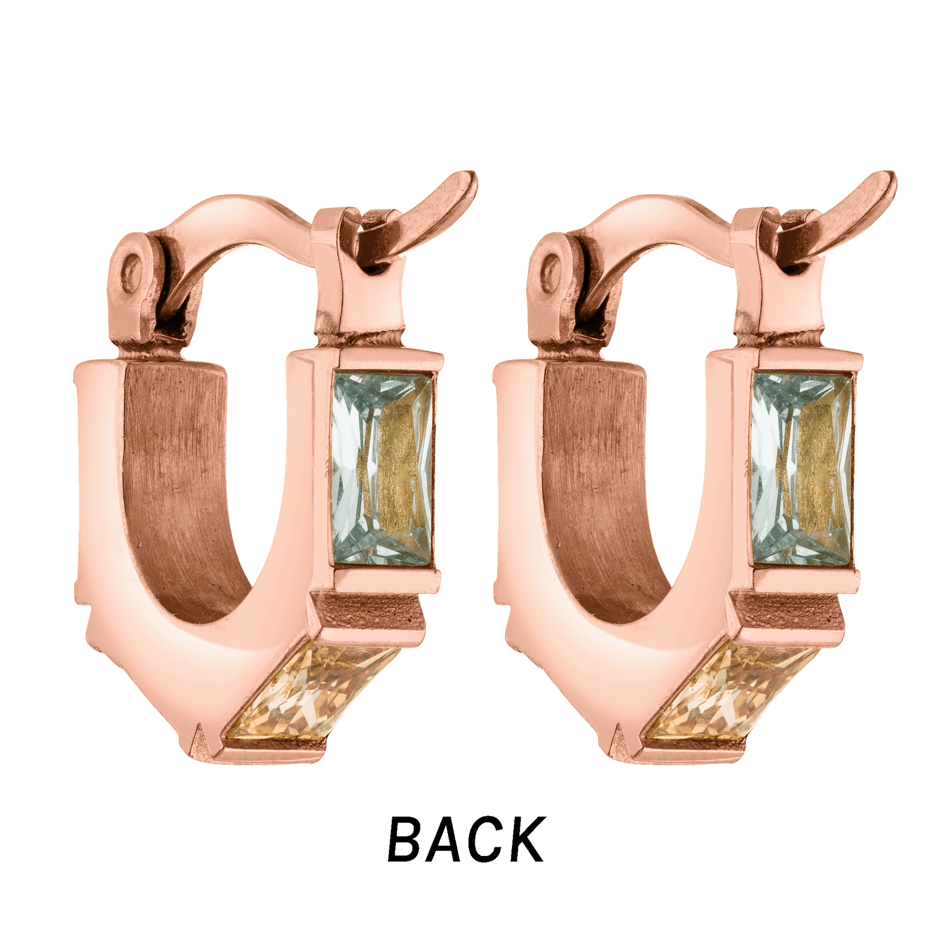 Roségoldene Creolen mit blauen und gelben Steinen von PURELEI, elegant und modern.