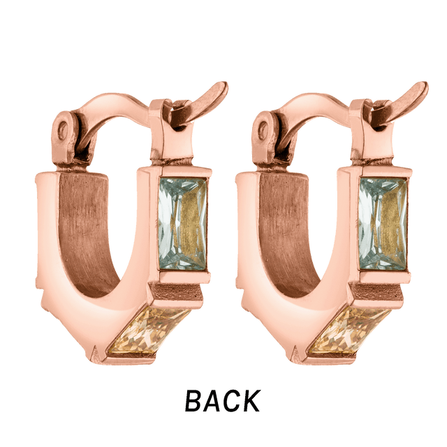 Roségoldene Creolen mit blauen und gelben Steinen von PURELEI, elegant und modern.