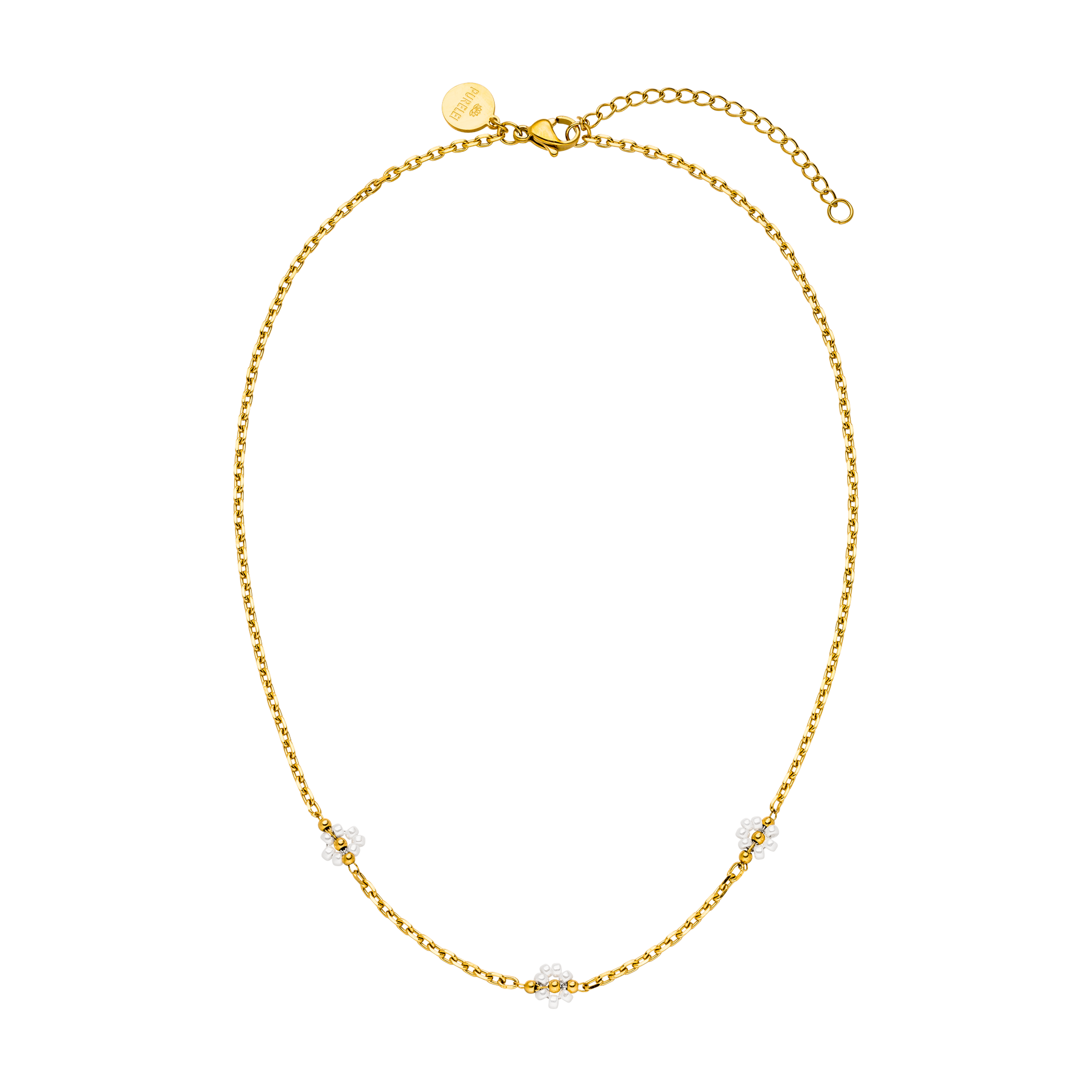 Goldene Kette mit weißen Perlen-Details von PURELEI, elegant und feminin.