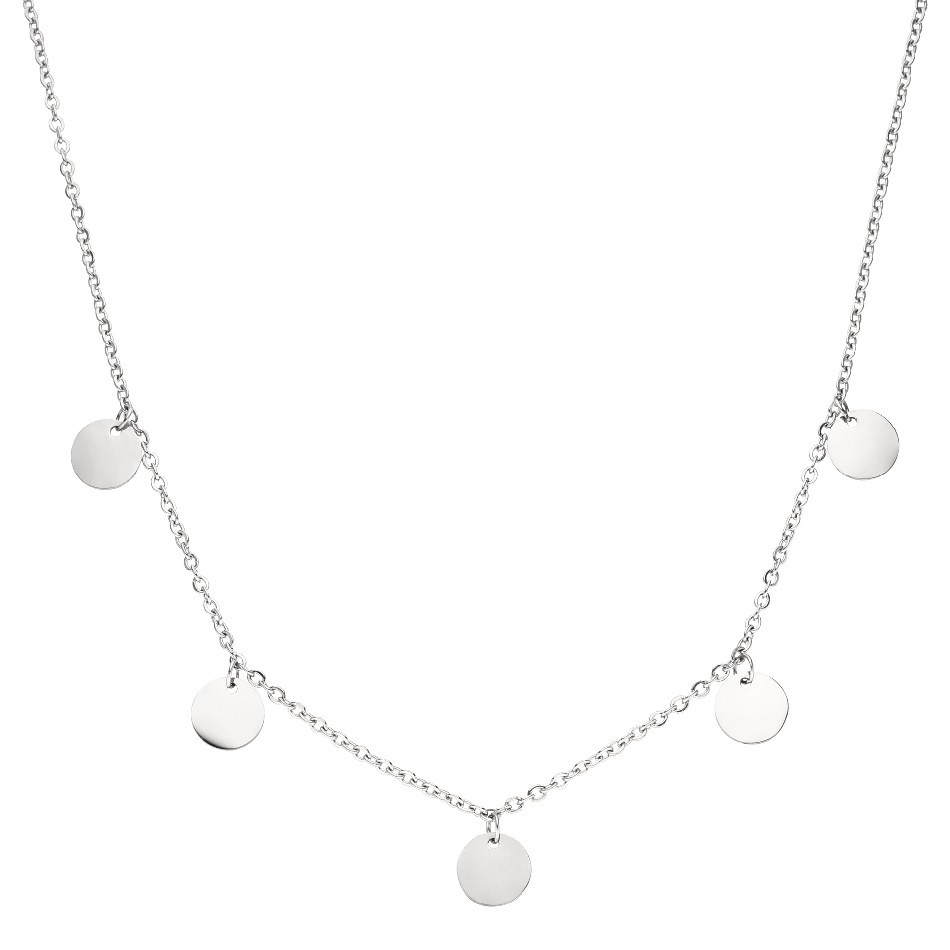 PURELEI Kalea Kette aus silbernem Edelstahl mit filigranen runden Anhängern, elegant und zeitlos für Layering-Looks.