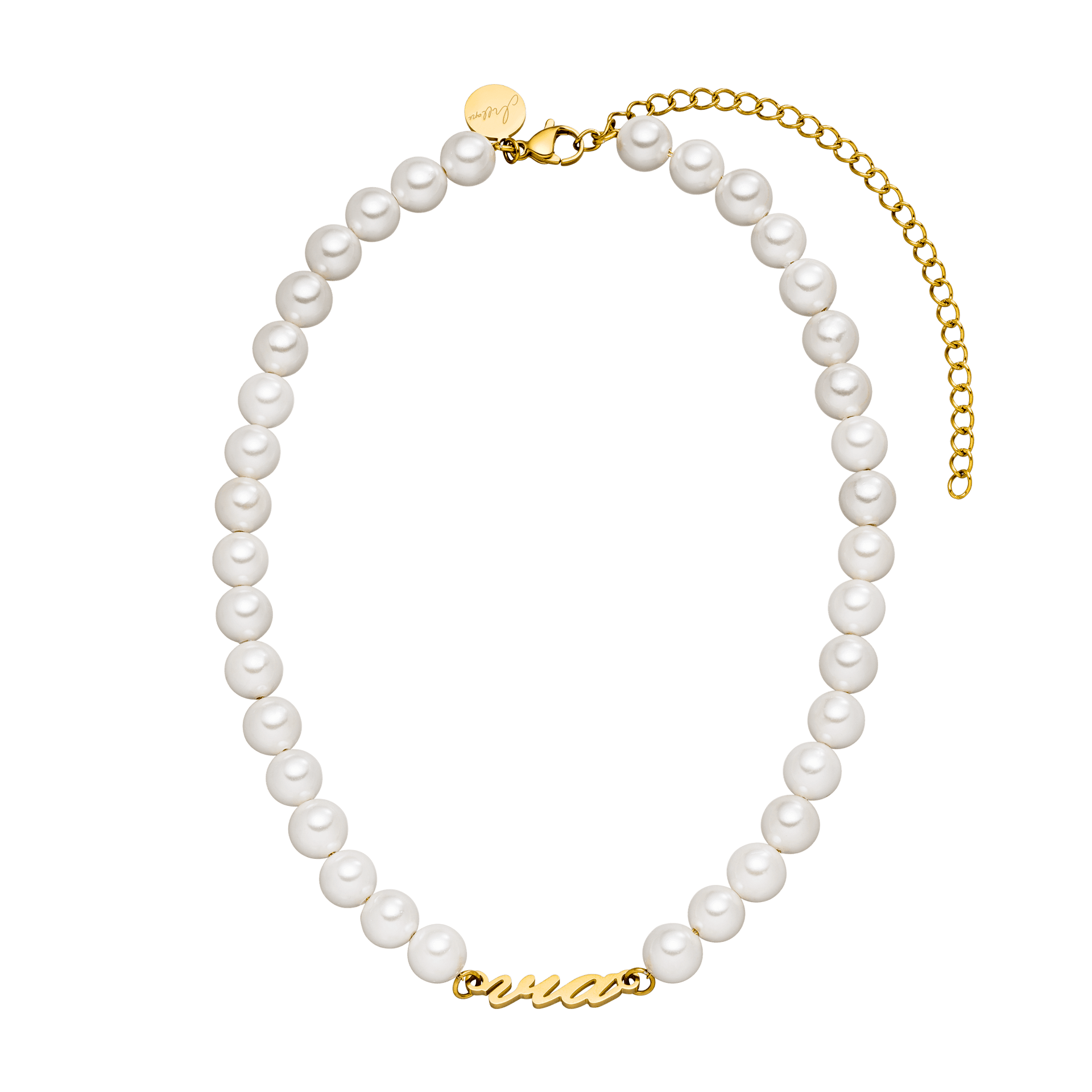 Perlenkette mit goldener Schrift, elegante weiße Perlen, PURELEI-Design.