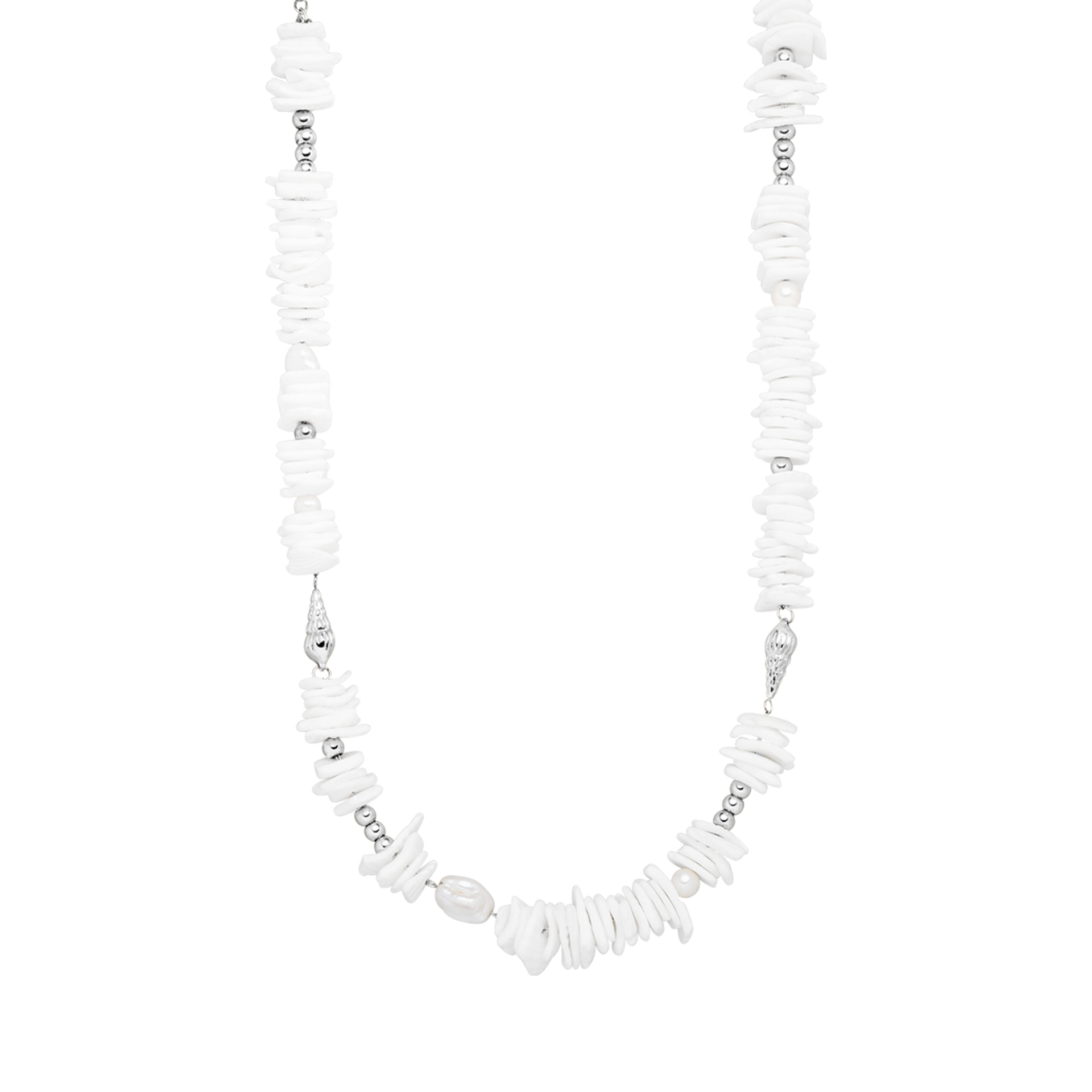 Wela Kette von PURELEI mit weißen Muschelstücken und Perlen, edel und inspiriert von tropischer Eleganz.
