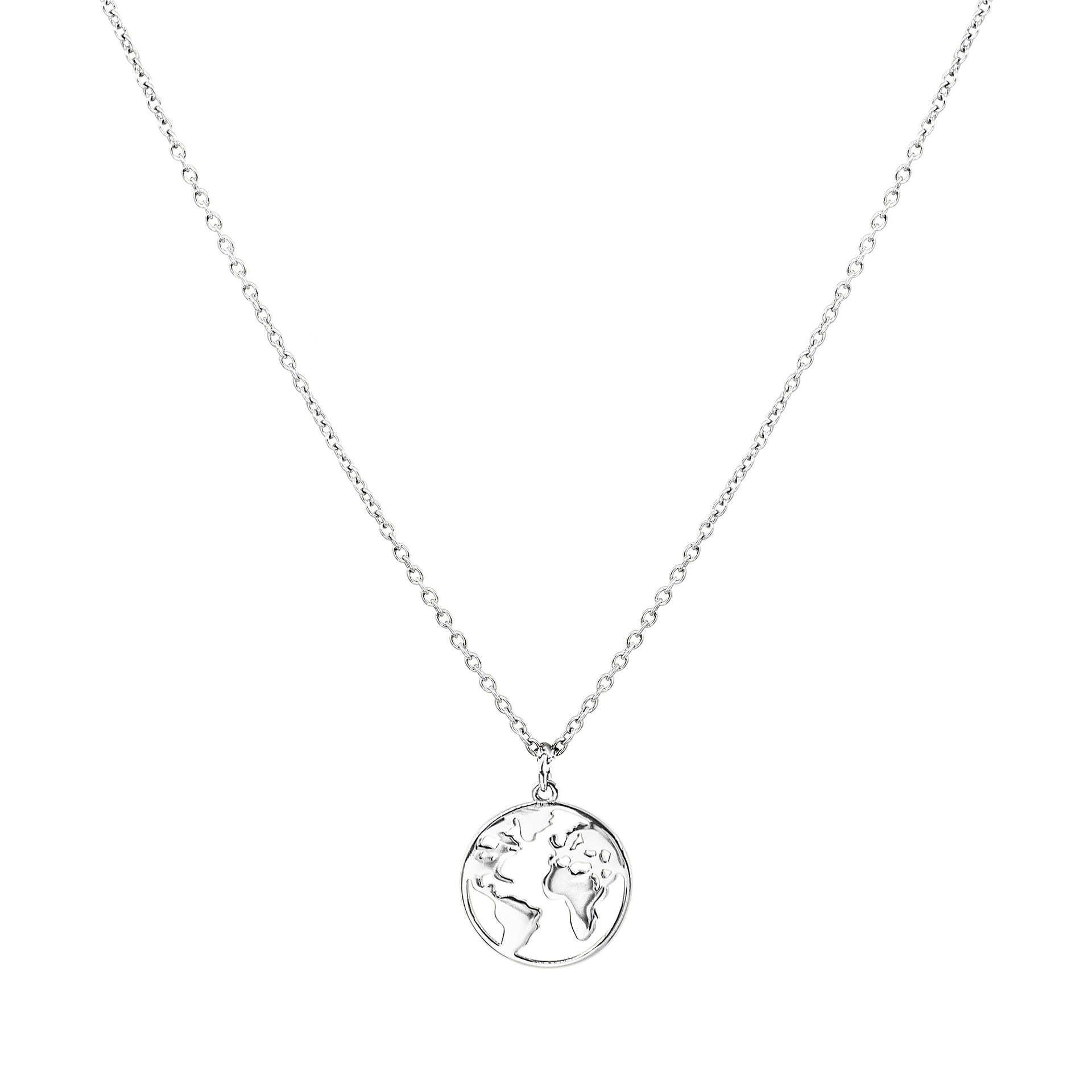 PURELEI World Map Kette in nickelfreiem Silber mit filigranem Globus-Anhänger, elegant und zeitlos.