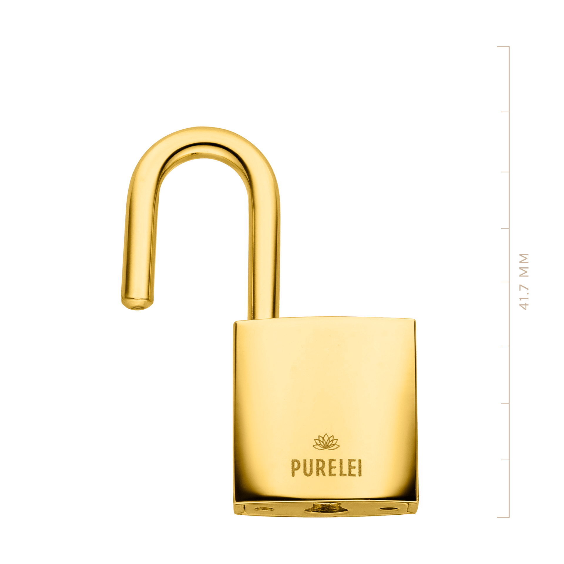 Goldener Anhänger in Form eines Schlosses mit PURELEI-Logo, elegant und modern.