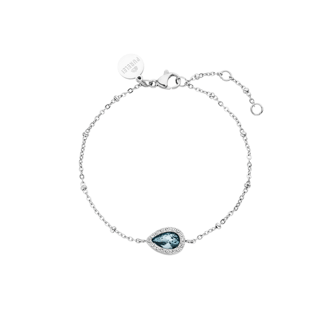 PURELEI Bellezza Armband aus nickelfreiem Silber mit blauem Tropfenstein und feinen Metallkugeln, elegant und feminin.