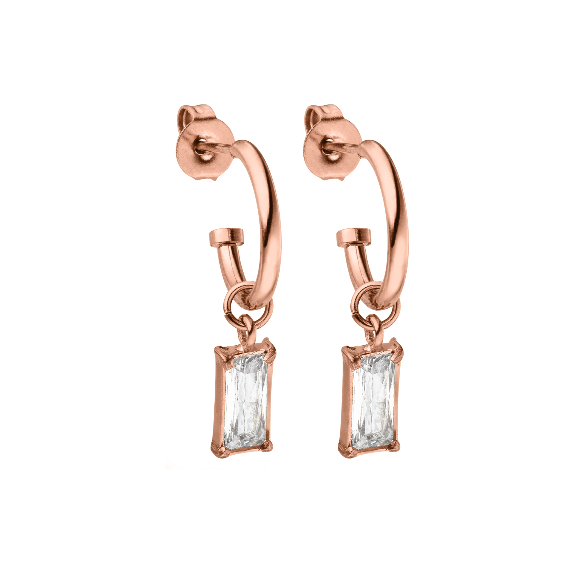 PURELEI Shine Bright Ohrringe aus roségoldenem Edelstahl mit funkelnden Zirkonia-Anhängern, elegant und nickelfrei.