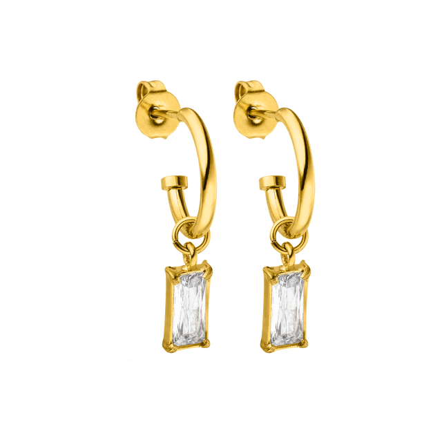 PURELEI Shine Bright Ohrringe aus 18K vergoldetem Edelstahl mit weißen Zirkonia-Anhängern, elegant und zeitlos chic.