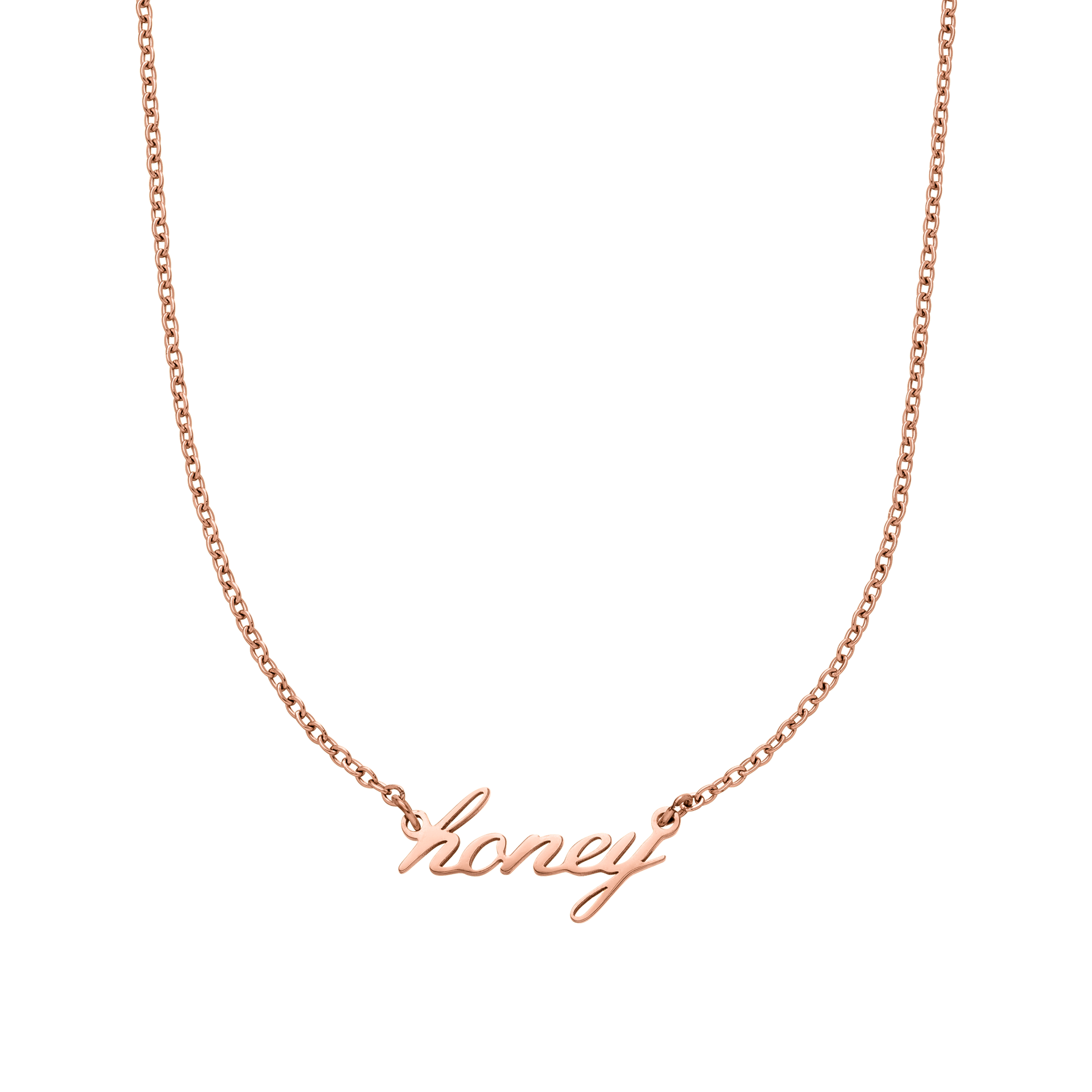 Honey Kette aus 18K rosévergoldetem Edelstahl mit geschwungenem Schriftzug, PURELEI, femininer Island-Spirit.